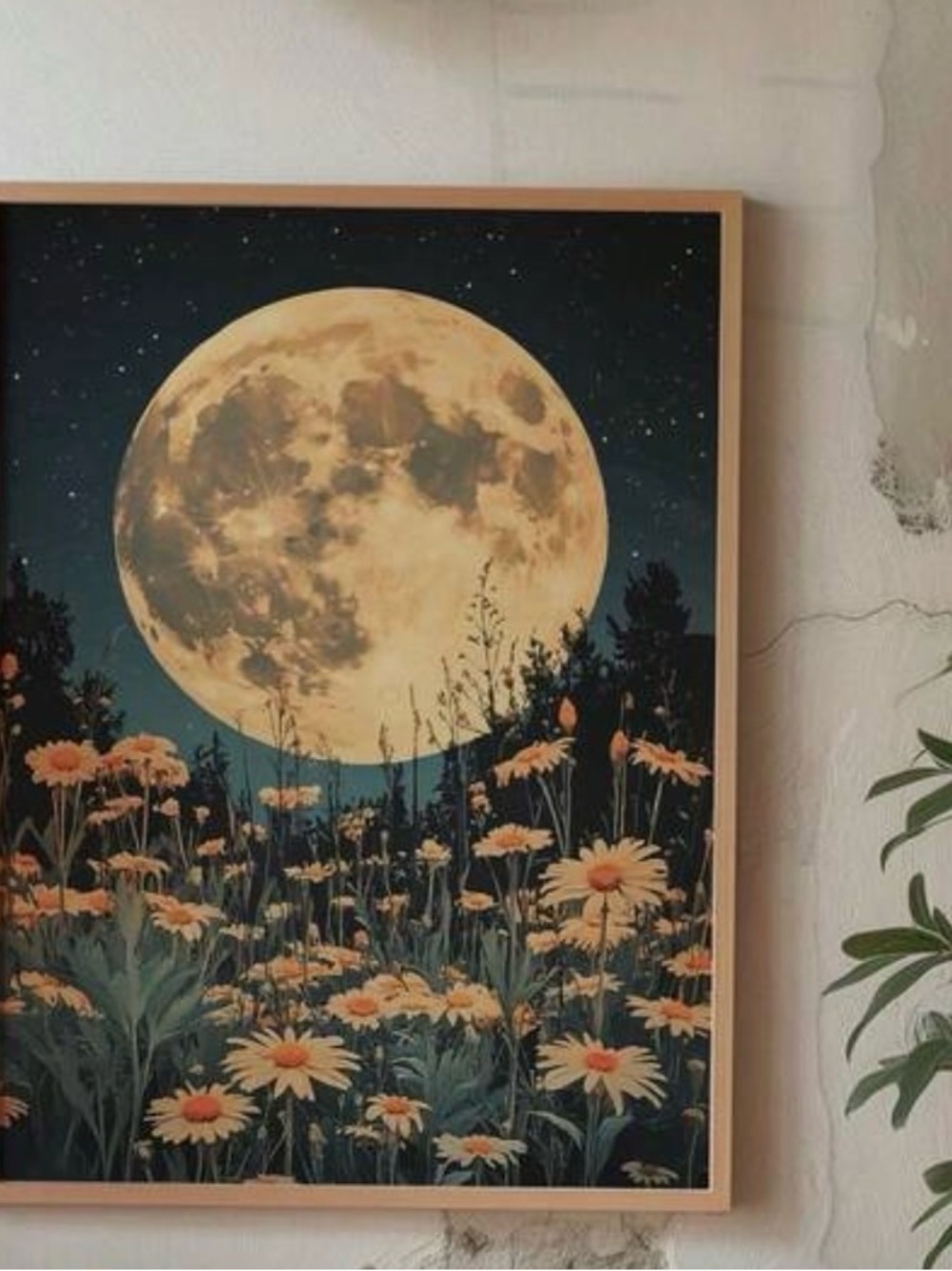 Moonlit Daisy Wall Art Print - Large Floral Moon Poster - framed canvas only -
